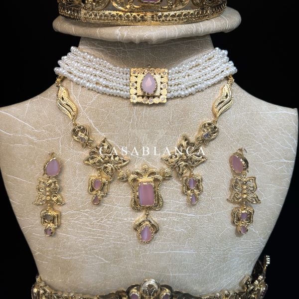 Moroccan Bridal Jewelry Gold Pink Set - Maza - Image 3