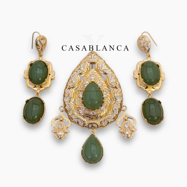 Golden Brooch and Earrings Set Green - Olyva