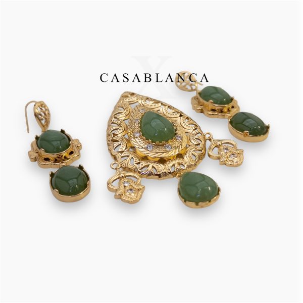 Golden Brooch and Earrings Set Green - Olyva - Image 2