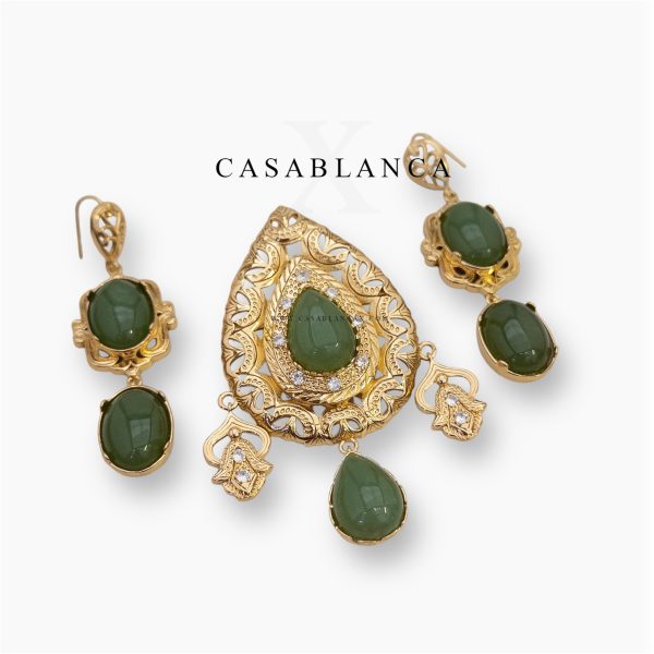 Golden Brooch and Earrings Set Green - Olyva - Image 3